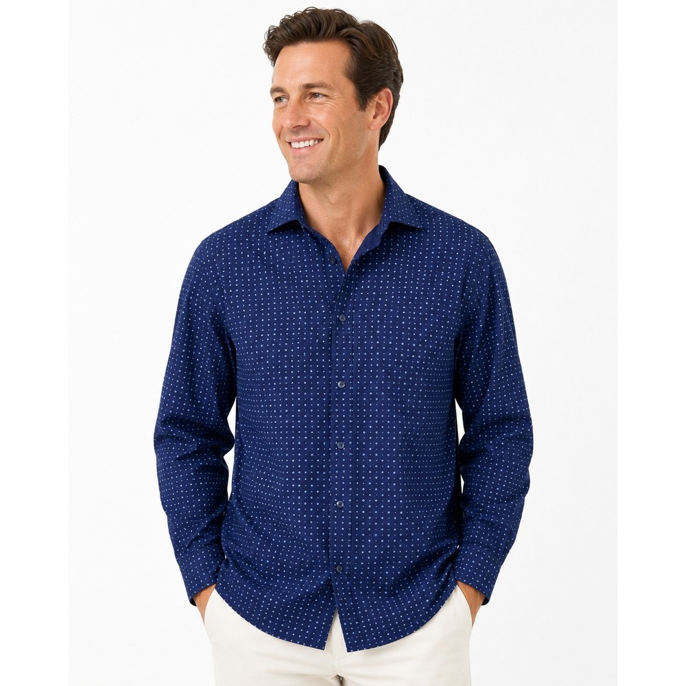 b.spoke Navy Blue Floral Micro Print 100% Linen Shirt | XL